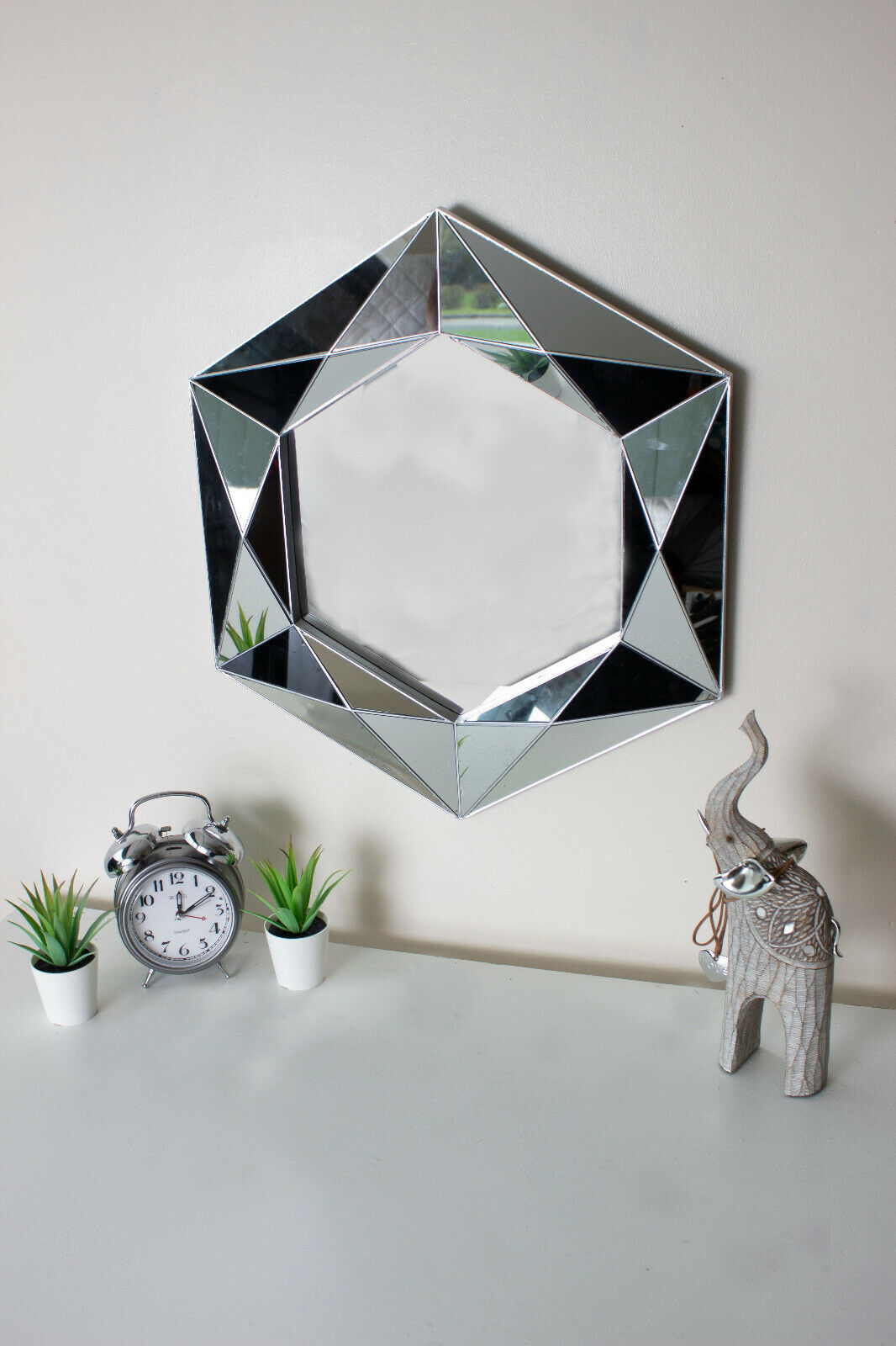 Large Bevelled Silver Wall Hanging Mirror Modern Unique Home Decor Jewel Cut
