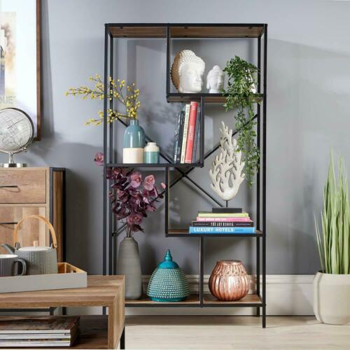 Shelving Display Unit Abstract Living Room Furniture Industrial Metal Oak Finish