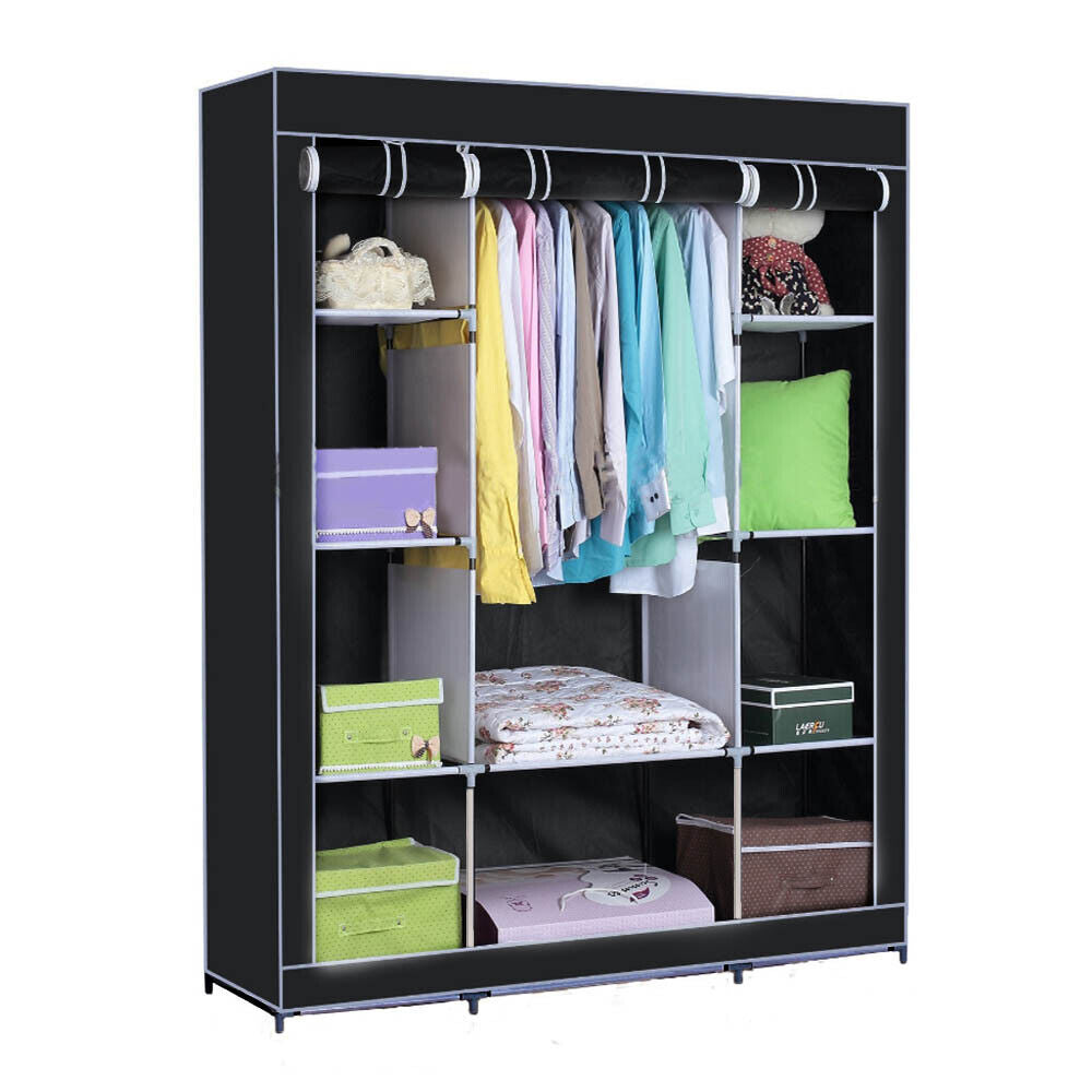 PRACTICAL FABRIC CANVAS WARDROBE HANGING RAIL SHELVING CLOTHES STORAGE CUPBOARD