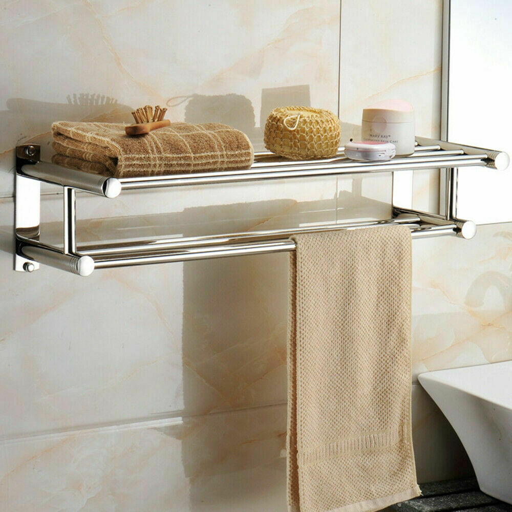 60CM Large Double Chrome Towel Rail Holder Wall Mounted Bathroom Rack Shelf