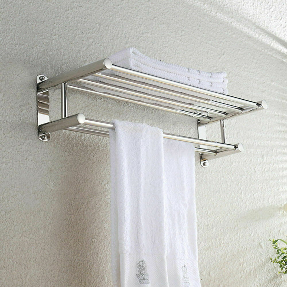 60CM Large Double Chrome Towel Rail Holder Wall Mounted Bathroom Rack Shelf