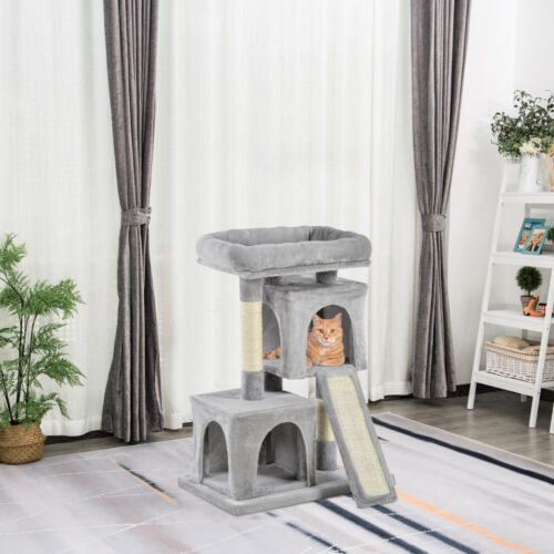 Cat Rest & Play Activity Tree w/ 2 House Perch Scratching Post Grey