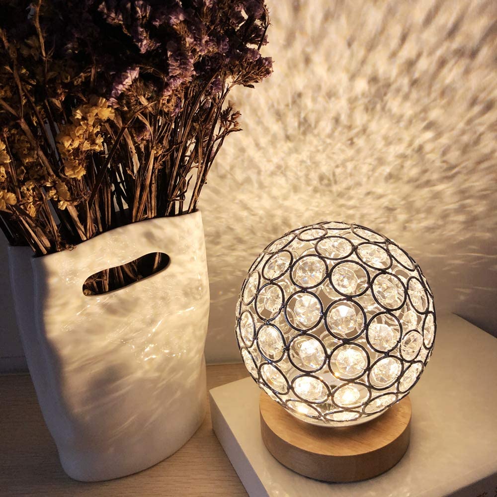 Crystal USB Table Lamp Silver Crystal Ball with Wooden Base Bedside Table Lamp