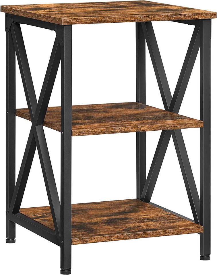 Side Table, End Table with X-Shape Steel Frame and 2 Storage Shelves, Night Table, Farm