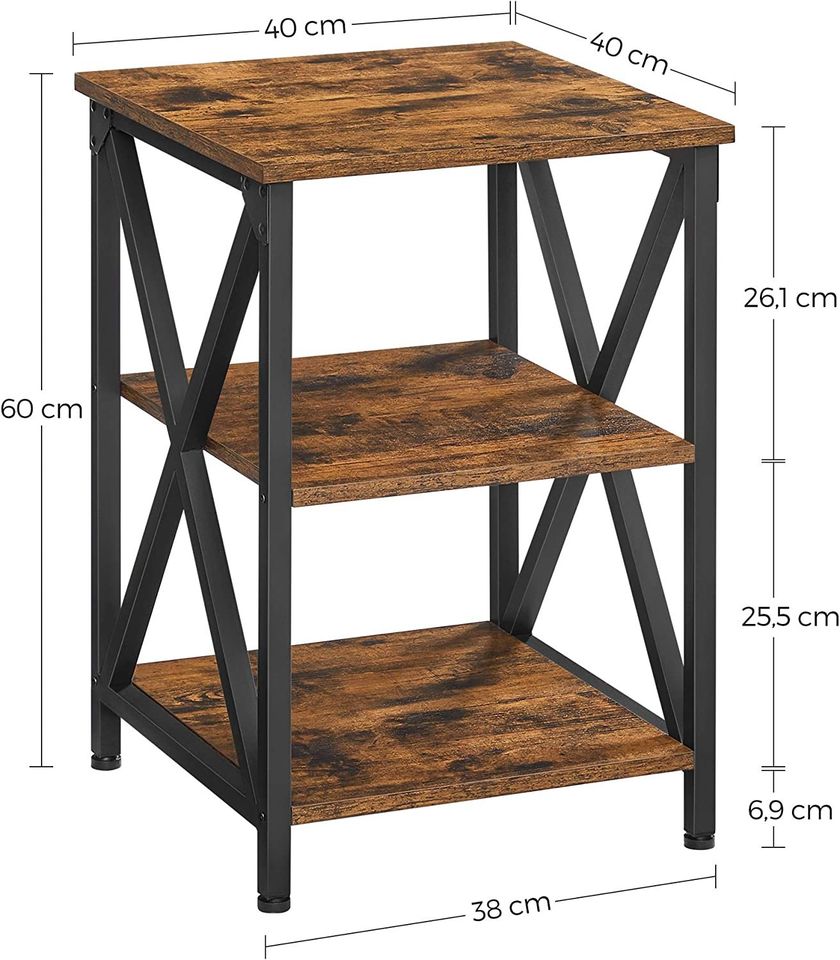 Side Table, End Table with X-Shape Steel Frame and 2 Storage Shelves, Night Table, Farm