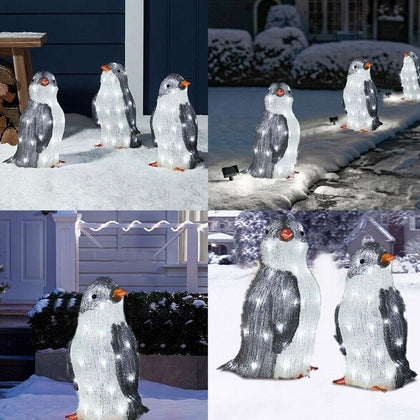 3x Christmas Penguin Acrylic Light Up Outdoor Figurine Ground Lamp-Decor Garden