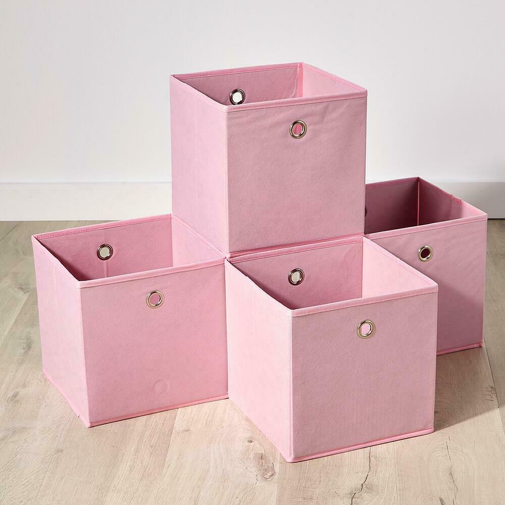 Pink Foldable Canvas Storage Folding Box Fabric Cube Cloth Bag 4 Piece Set