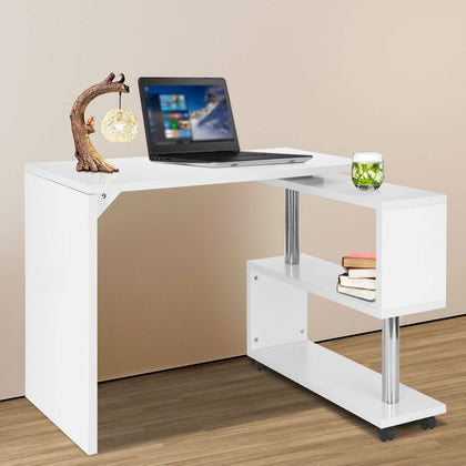 360° Rotating Corner Desk Storage Shelf Combo Workstation L-Shaped Table Office