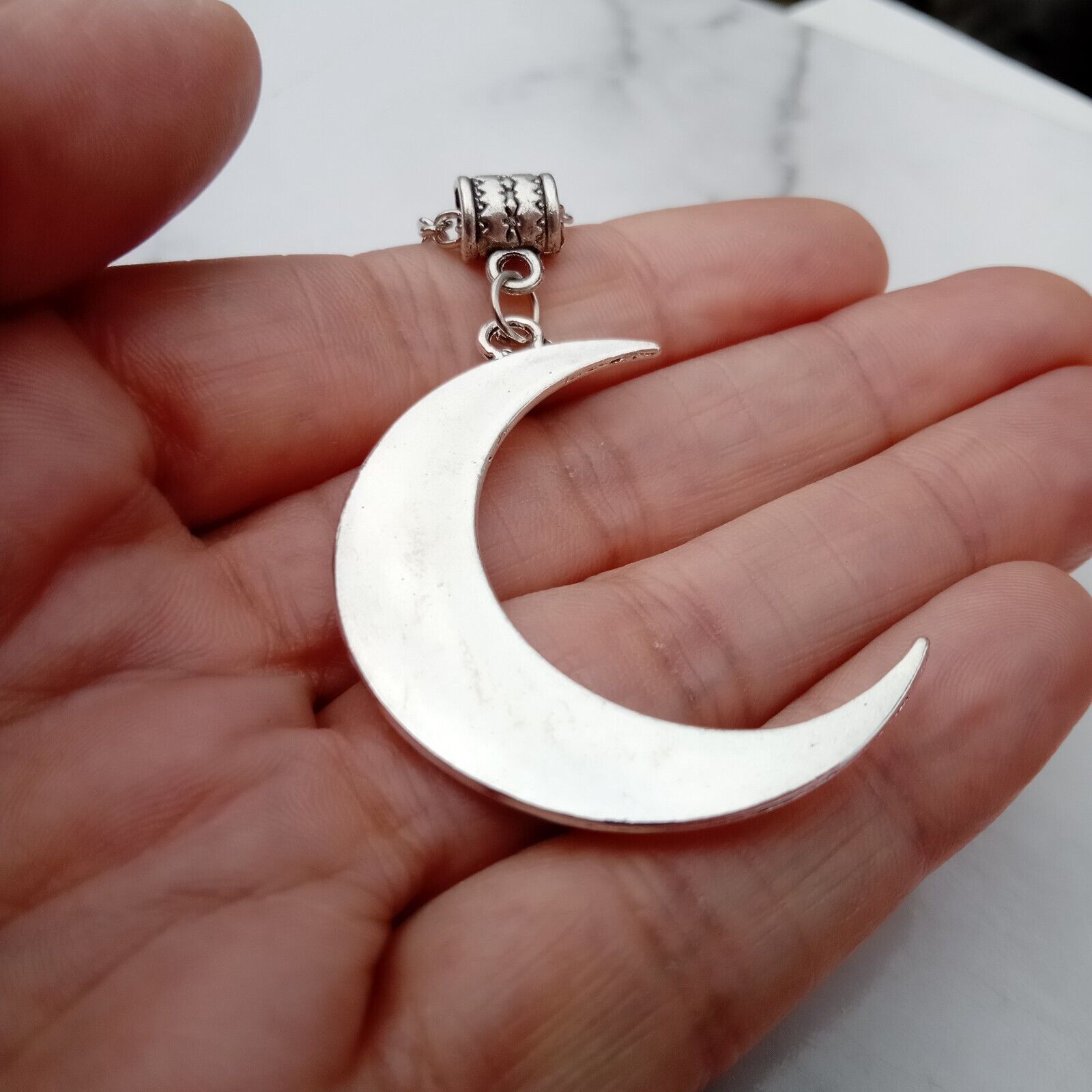 Large MOON Pendant Necklace 24 " Long chain Pagan Symbol silver tone Fun