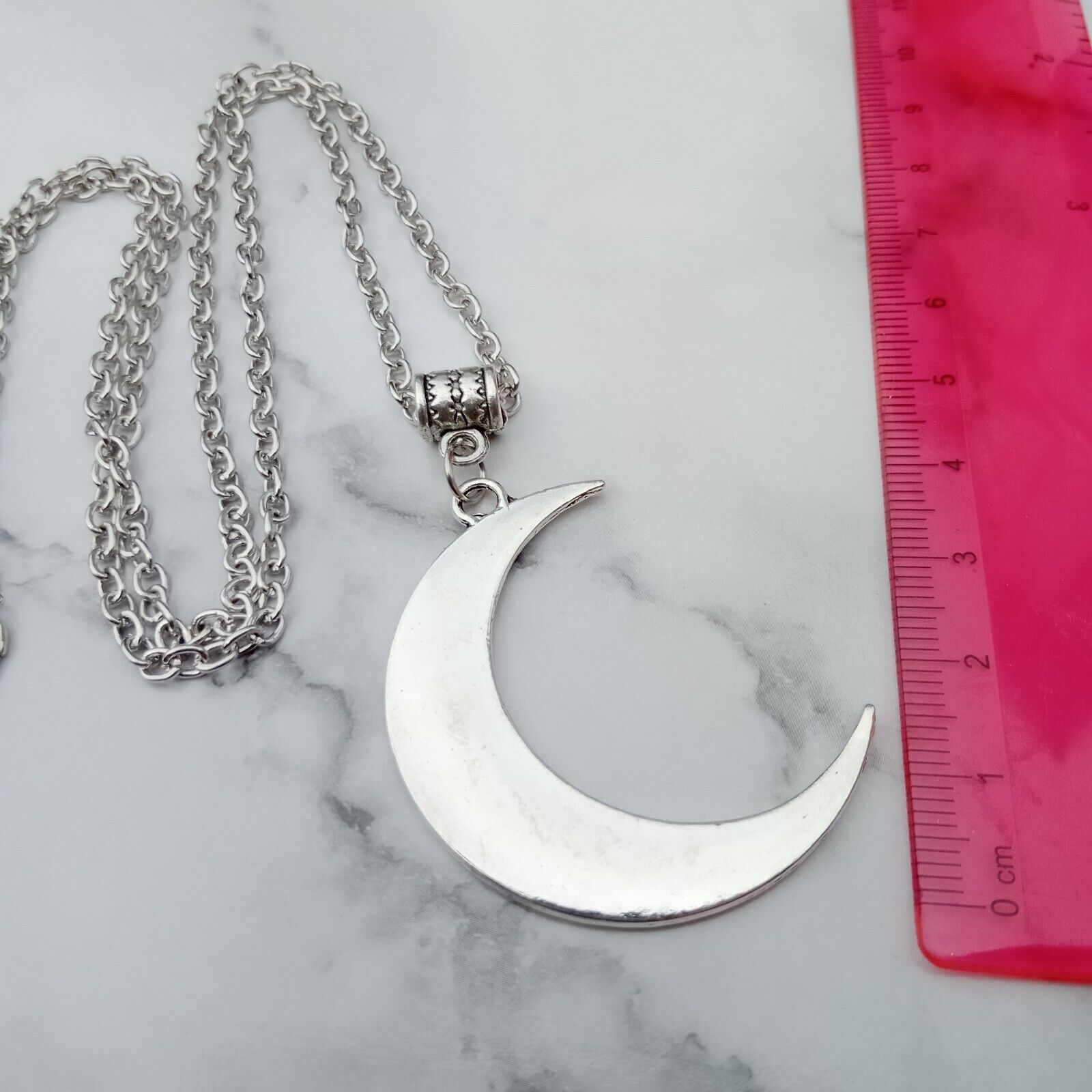 Large MOON Pendant Necklace 24 " Long chain Pagan Symbol silver tone Fun