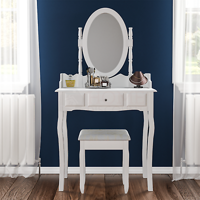 Modern Dressing Table White Makeup Desk Mirror 1 Drawer Stool Vanity Set Bedroom