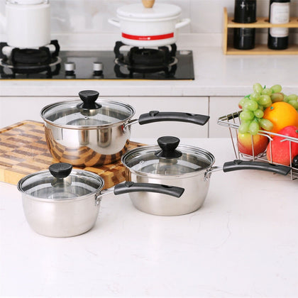 Set of 3 Stainless Steel Non Stick Saucepans Cookware Cooking Pots Pan With Lids