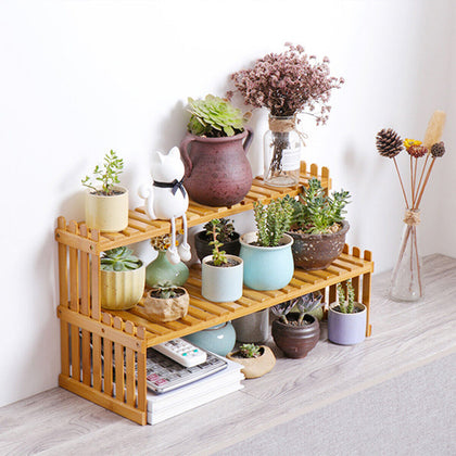 2 Tier Flower Plant Pot Shelf Stand Display Ladder Garden Rack Step Style Bamboo