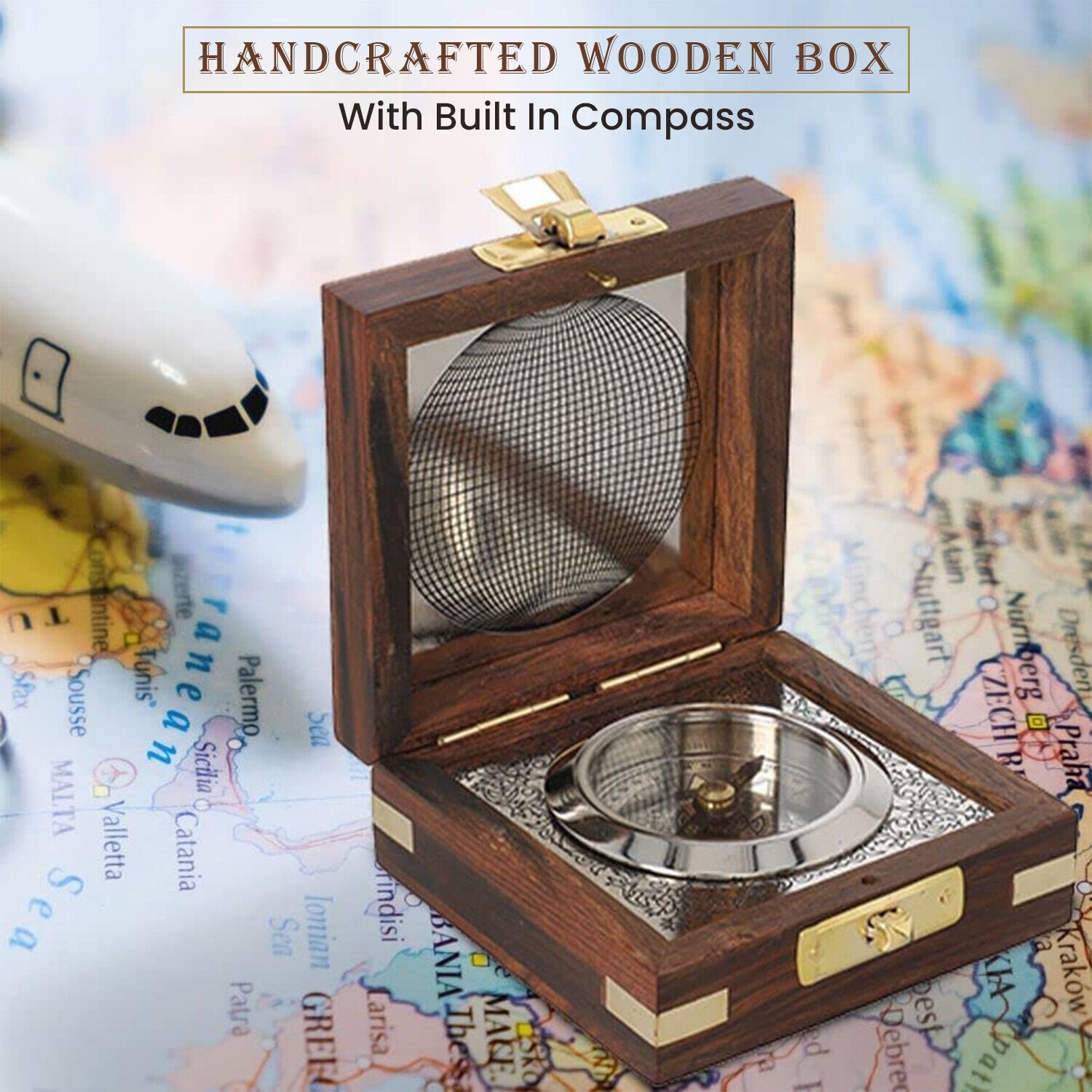 Handcrafted Wooden Box with Built in Silvertone/Goldtone Compass 7.6x7.6x3.8Cm