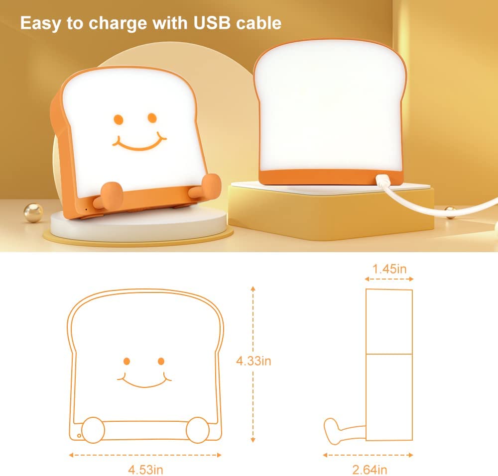 Cute Toast Night Light, Bread LED Night Lamp, Rechargeable, Timer and Dimmable, Portable Bedside Nightlight with Mobile Phone Stand