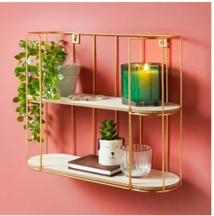 2 Tier Metal Wire Floating Wall Shelf Multi Section Home Decor Gold