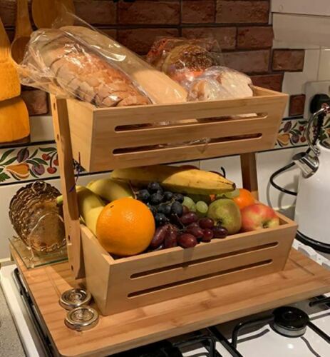 2 Tier Bamboo Fruit Basket, Bread Storage Stand Vegetable Rack